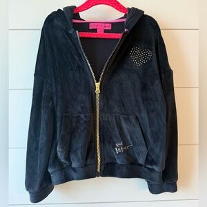 Kids Betsey Johnson Girls Size 5 Black Velour Zip Hoodie Studded Heart